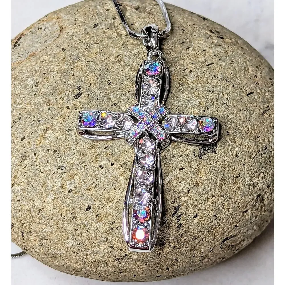 White Gold Plated Crystal Cross Necklace NEW Religious Spiritual Gift